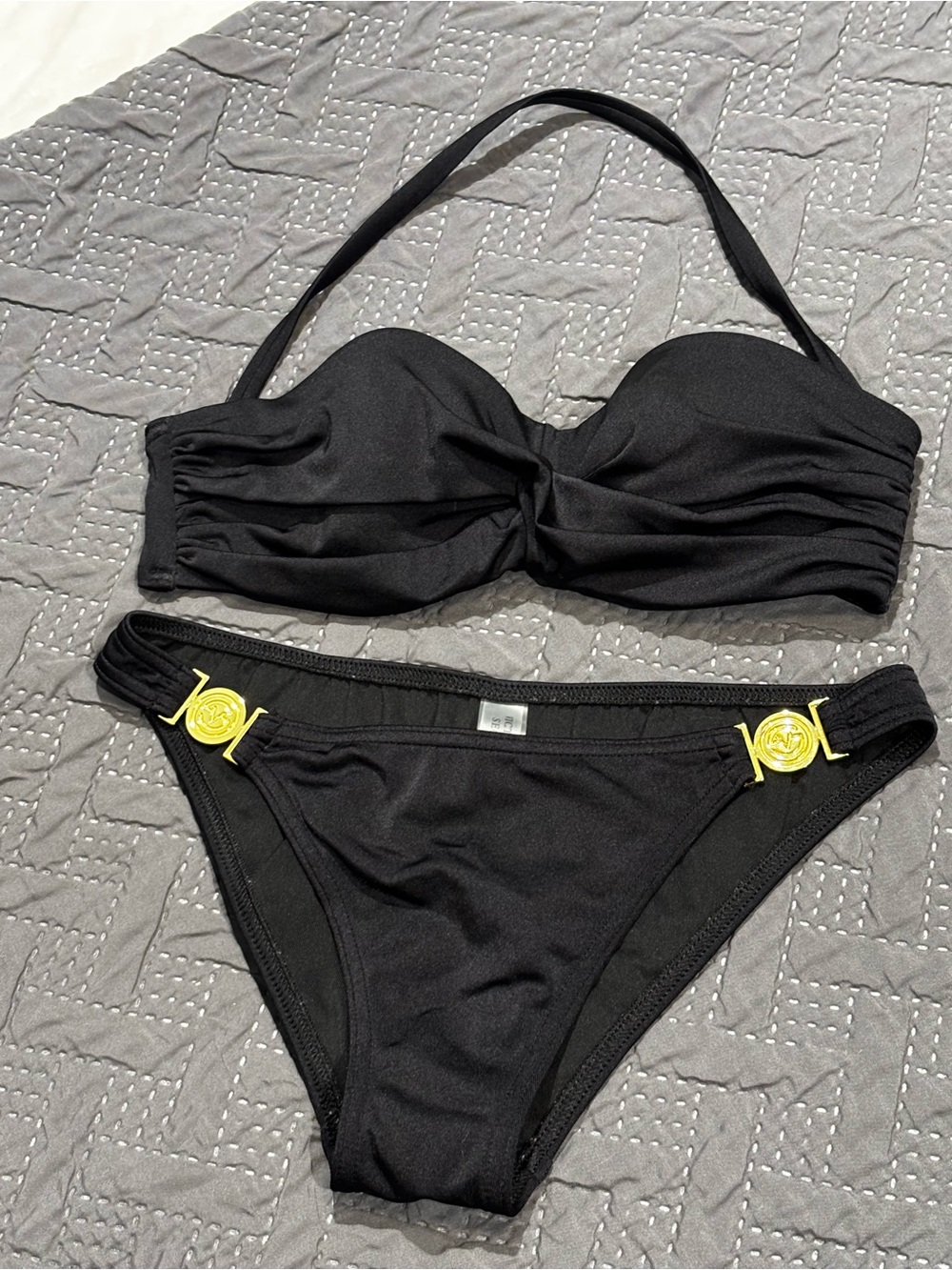 2009 Victoria's Secret Black Bandeau Bikini with Gold Medallion Accents
